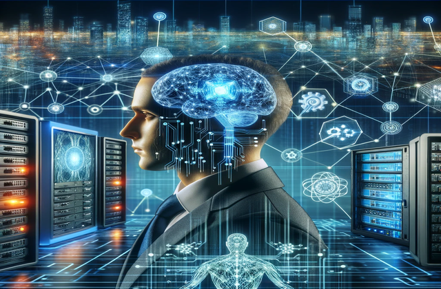 Conceito futurístico de Inteligência Artificial gerenciando rede de dispositivos interconectados, representando inovações em IA na gestão de TI
